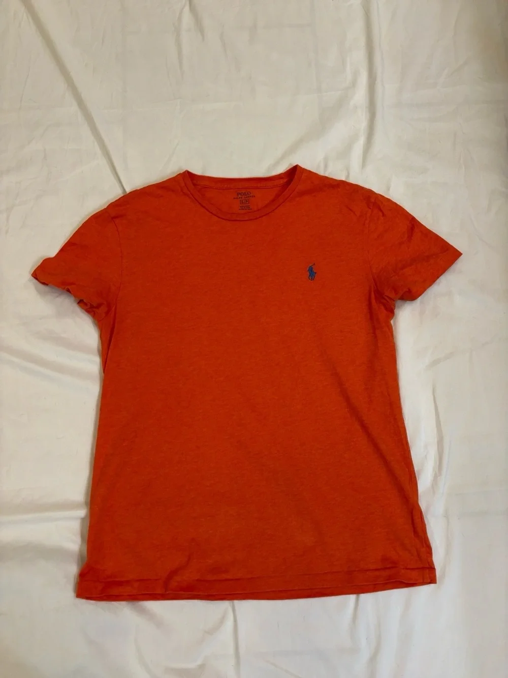 Polo by Ralph Lauren Men’s Orange Crew Neck Tee Small Blue Pony Logo Classic Tee